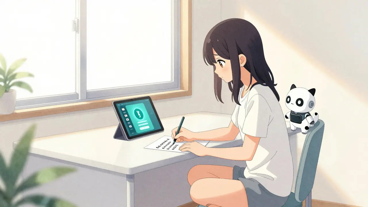 Girl securely writing crypto seed phrase with robot pet