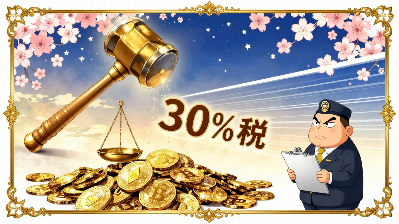 Golden hammer striking crypto coins on a scale amidst floral decorations.