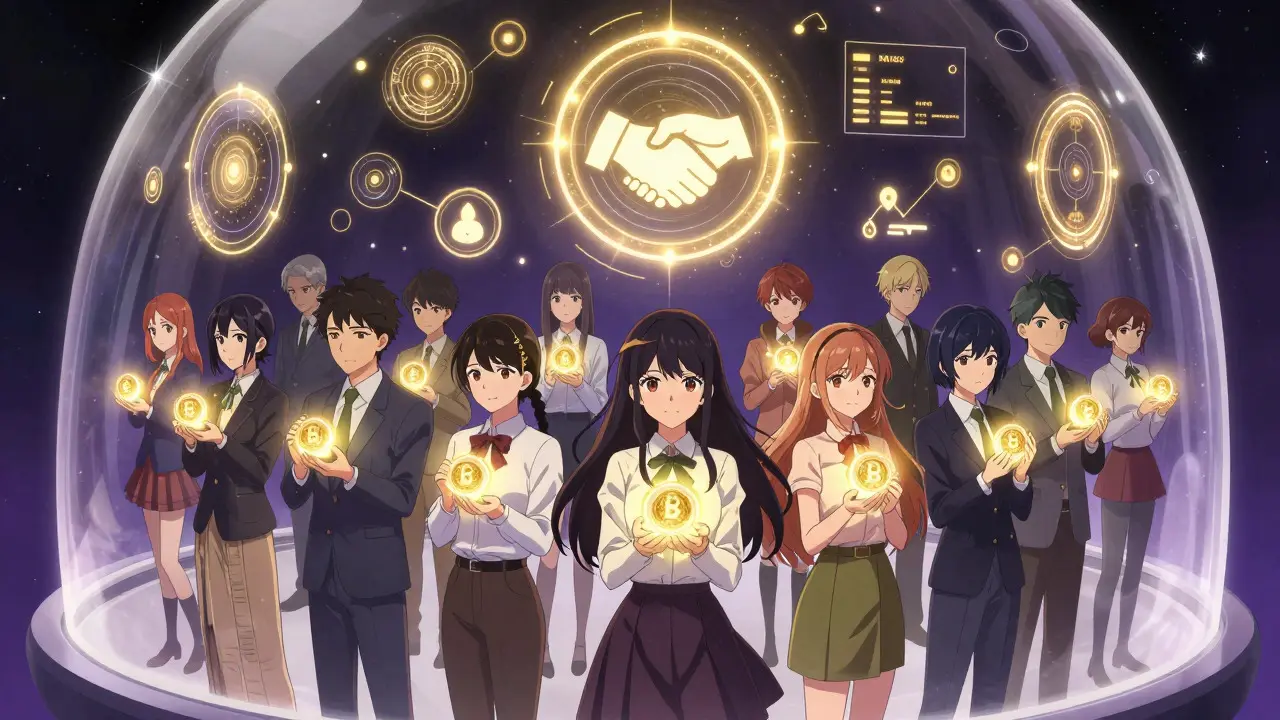 Group of characters holding glowing orbs in a space dome representing governance voting