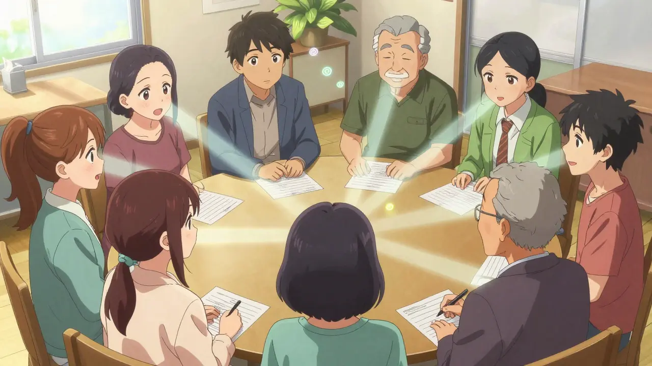 Group of parents sharing in a community center with floating coins in shoujo anime style