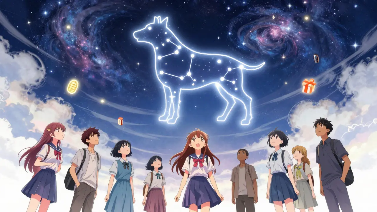 Group of people looking up at a starry sky with floating tokens in anime style