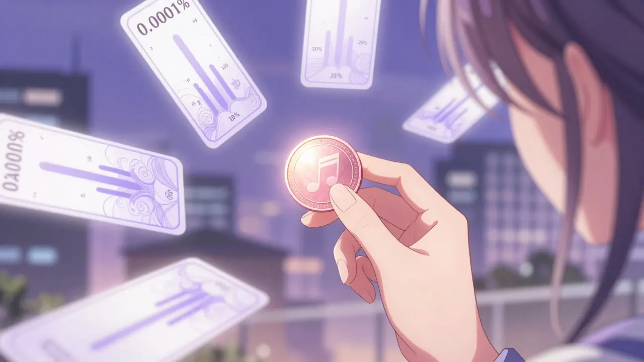 Hand holding glowing BEETS token with floating fee distribution visuals