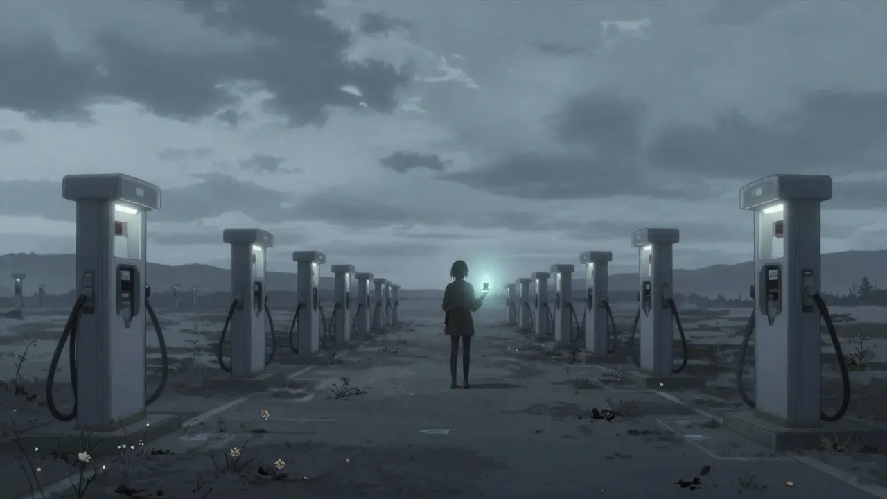 Lone figure holding glowing device in desolate landscape
