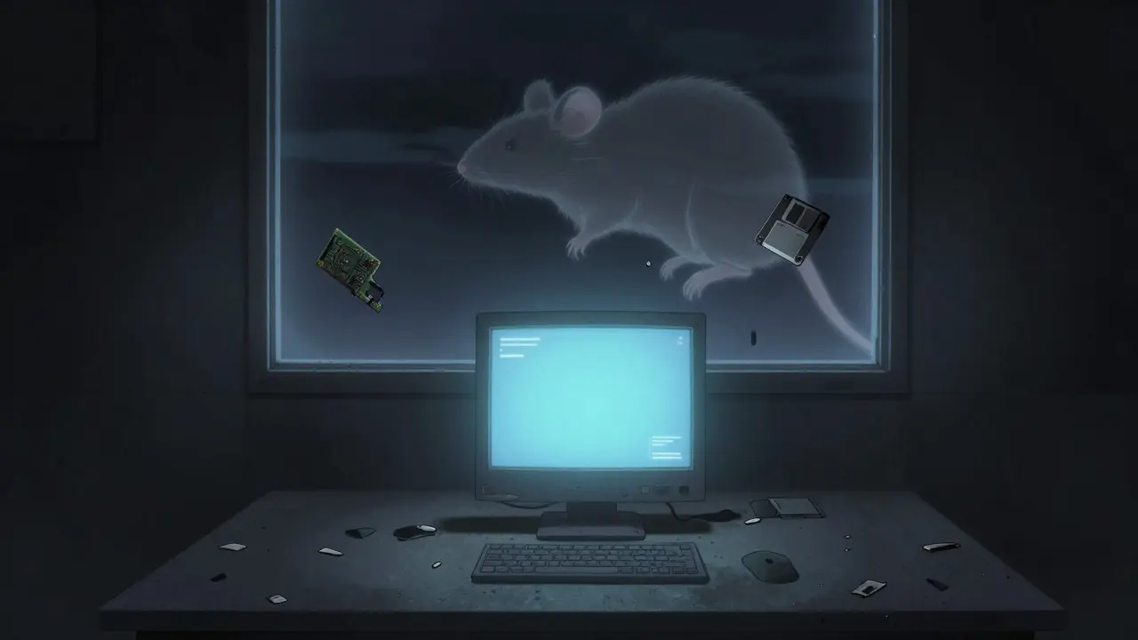Lonely computer screen glowing in a dark room with a fading ghostly rat silhouette.
