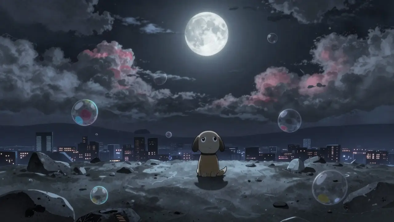 Lonely dog sitting on an asteroid under dark clouds with fading bubbles in space