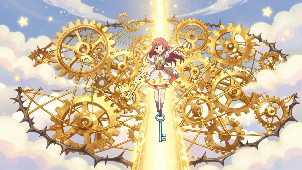Magical girl simplifying complex tangled crypto tokenomics web