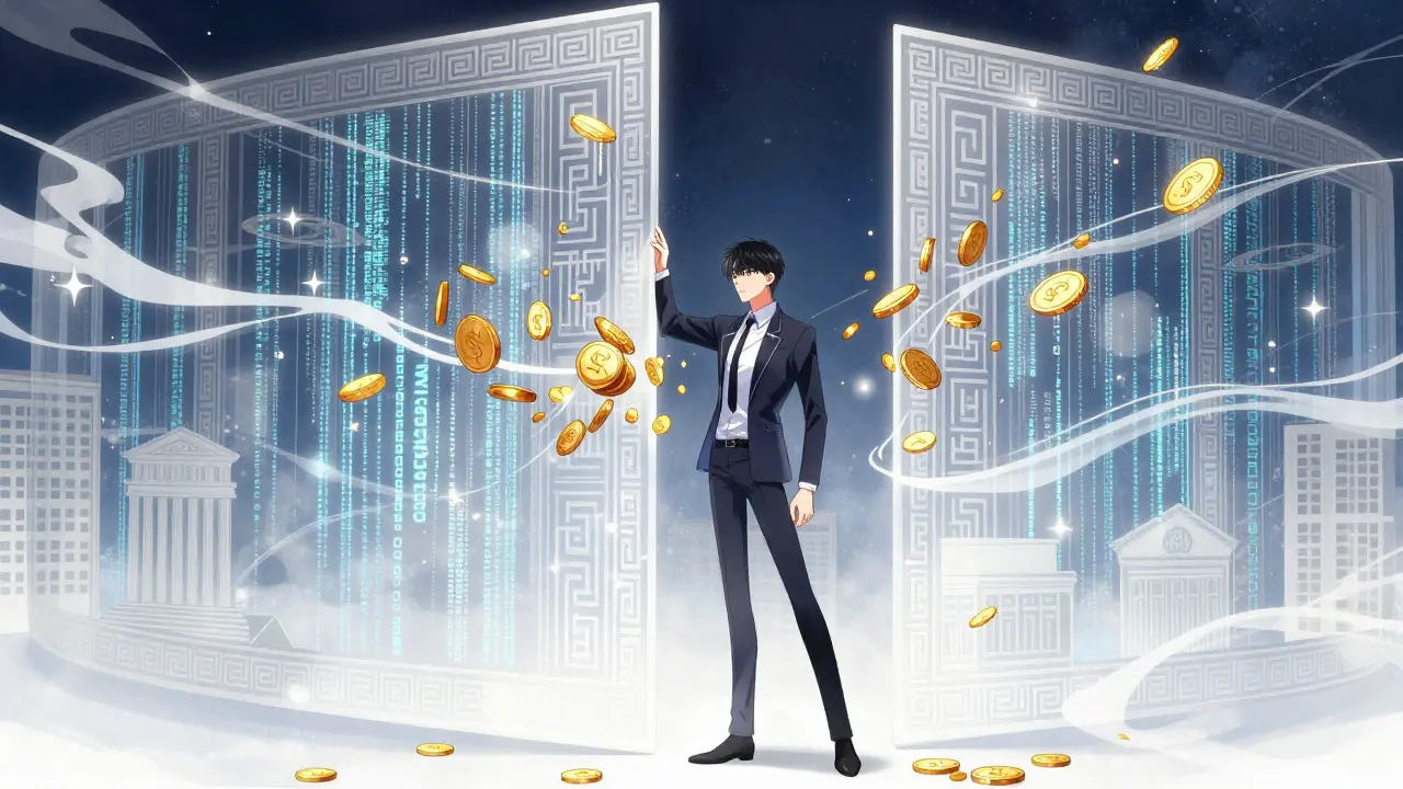 Manga character facing a magical barrier blocking gold coins