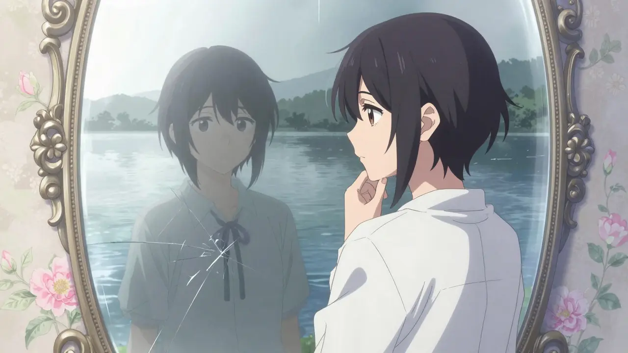 Manga character looking at mirror reflecting calm blue water