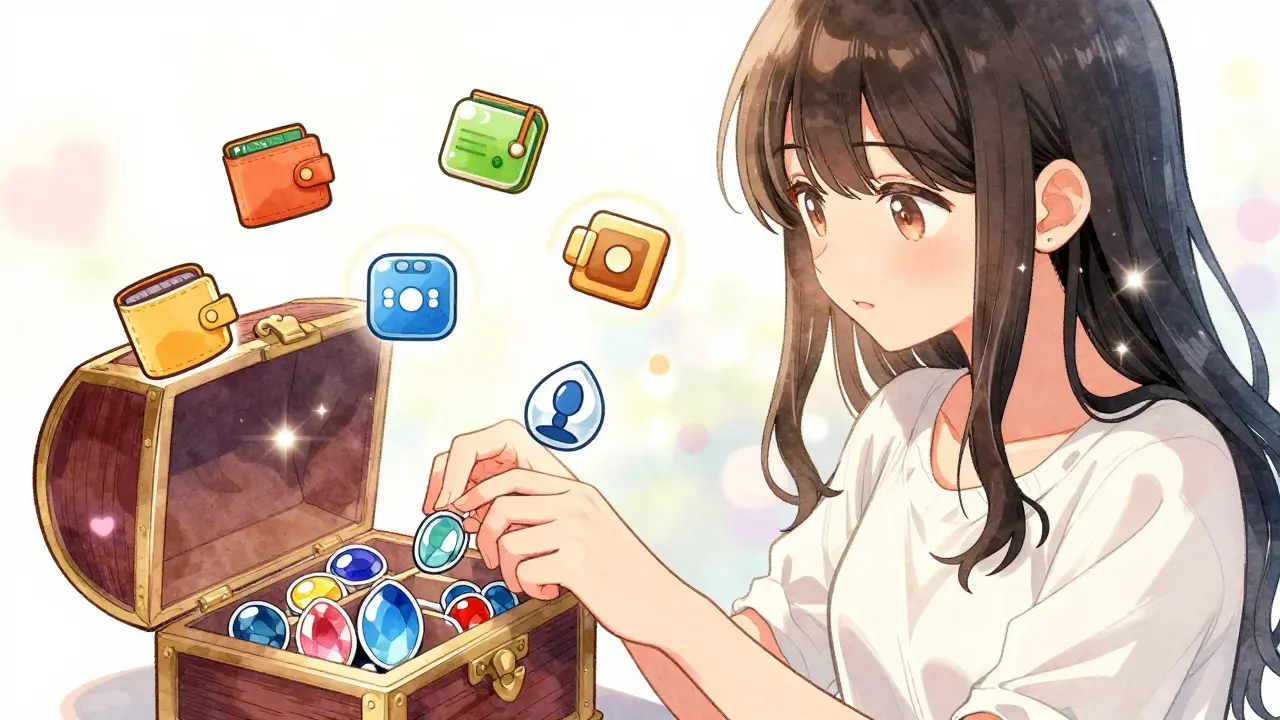 Manga character organizing floating crypto icons like treasures in a bright room