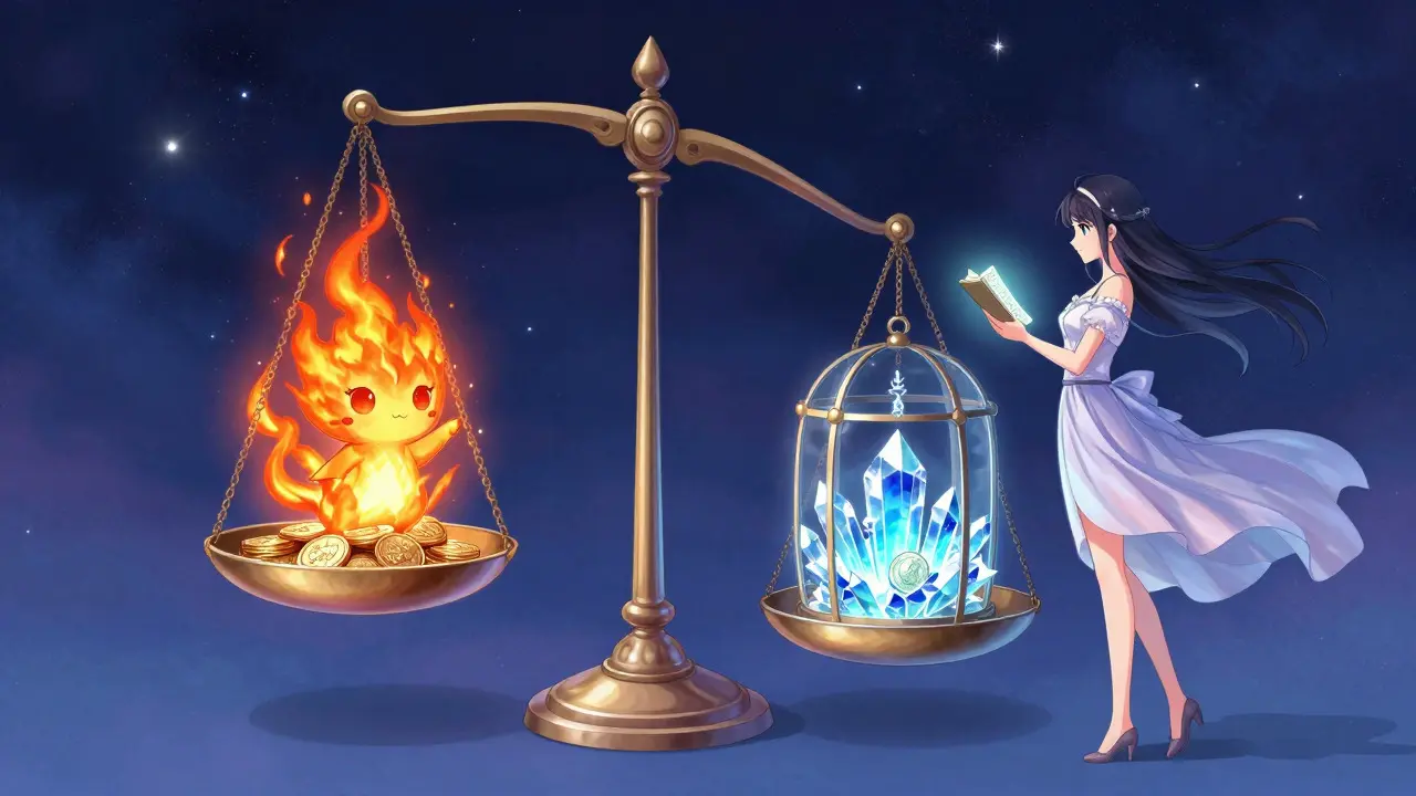 Manga illustration of magical scales balancing token burning and staking