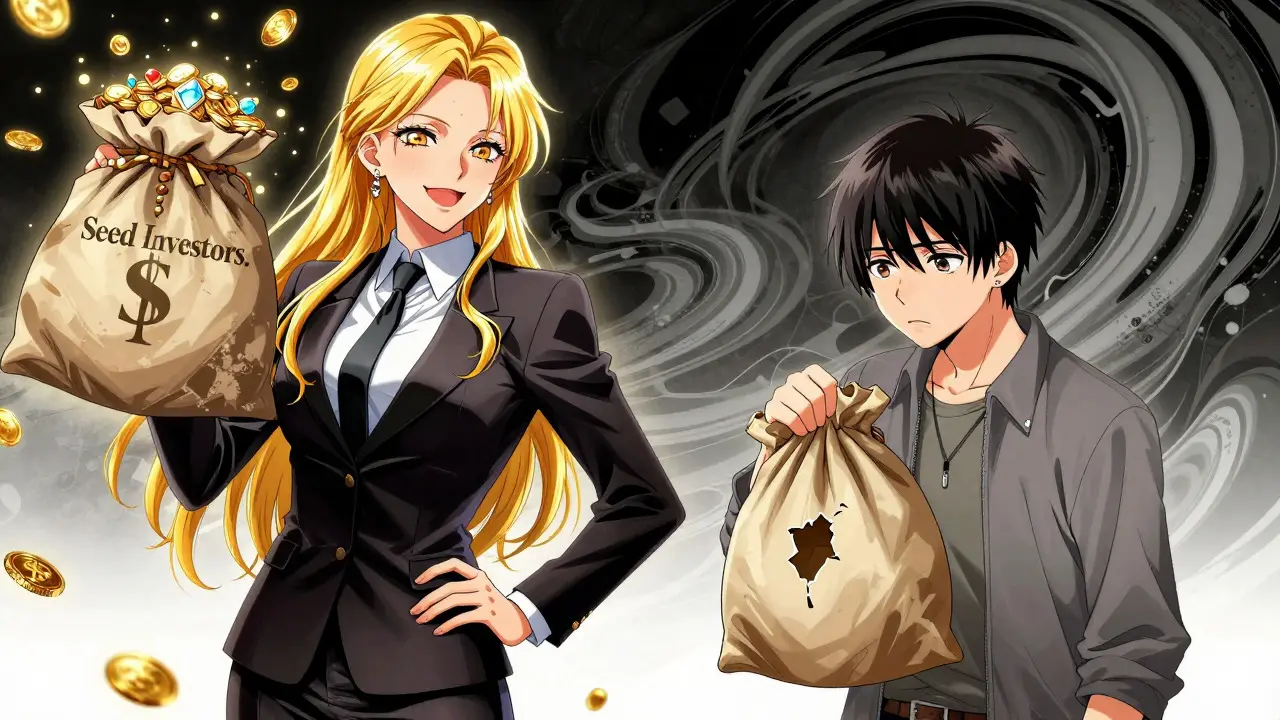 Manga illustration of wealthy seed investor vs poor public participant