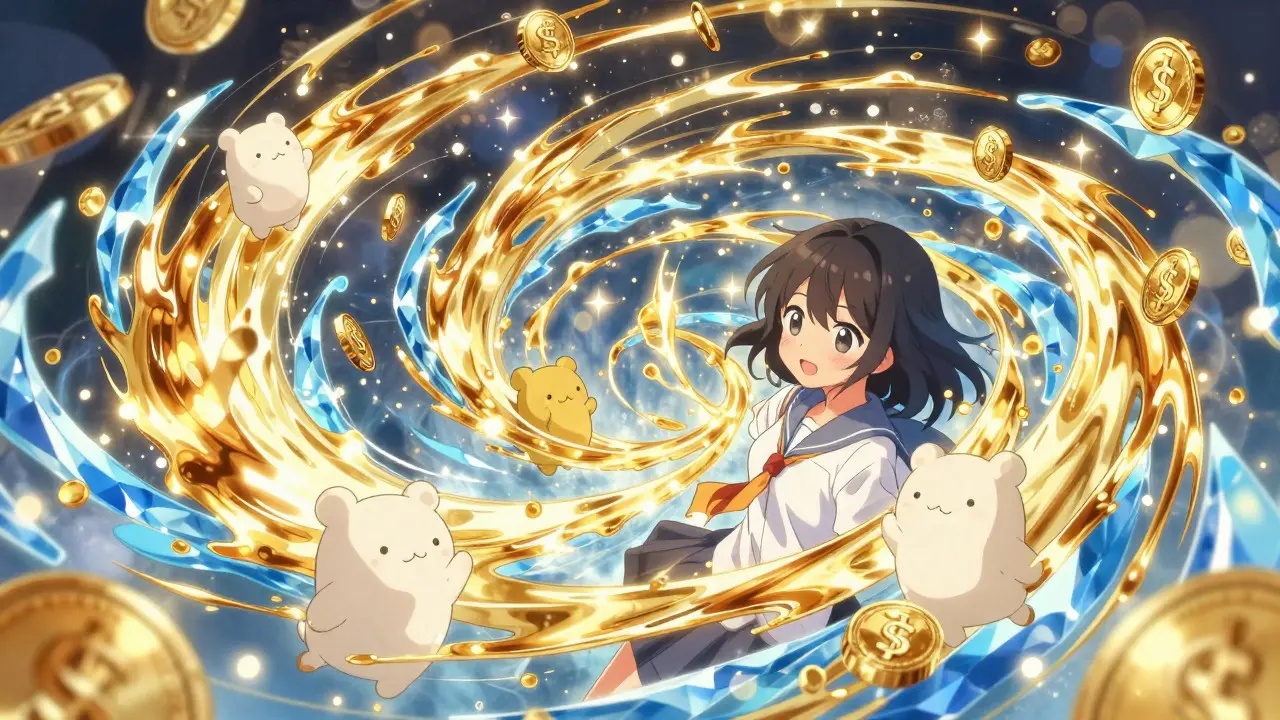Manga style art showing a swirling vortex of golden liquidity energy