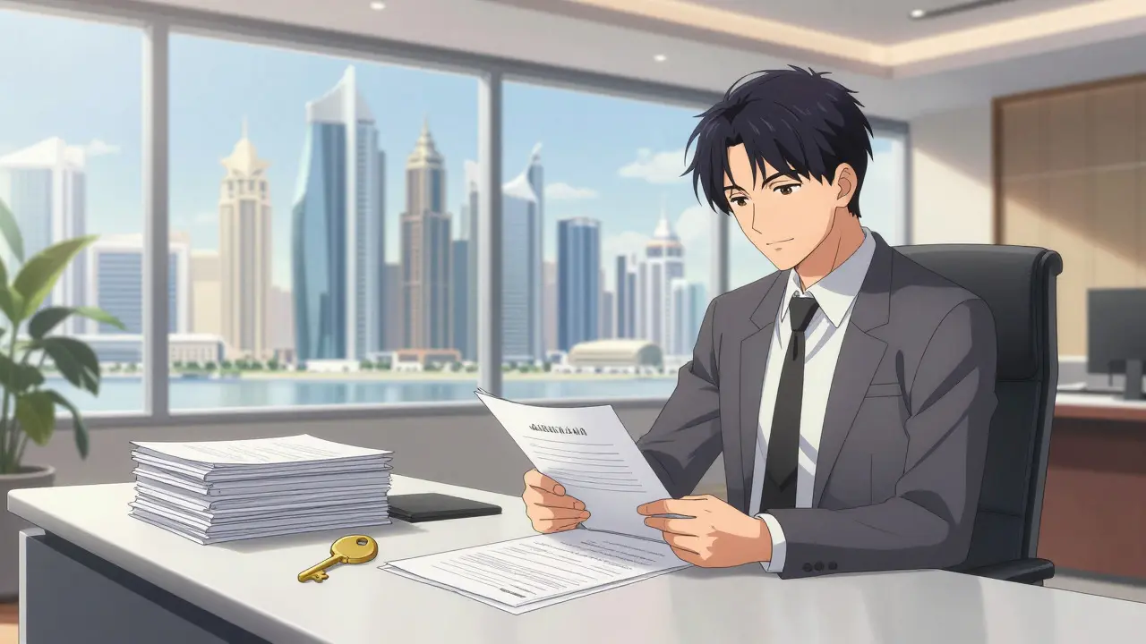 Professional reviewing documents in a modern UAE office setting