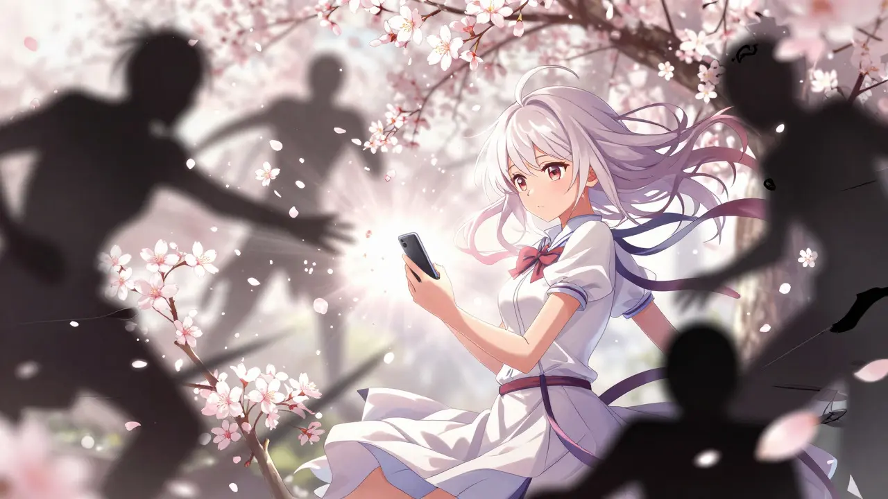 Shoujo girl protected by petal barrier from dark shadows