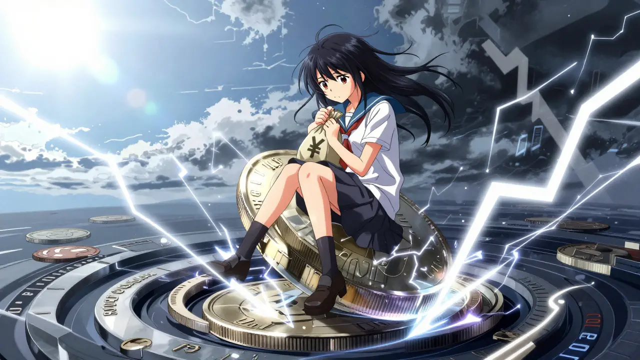 Shoujo girl sitting on unstable coin showing market volatility