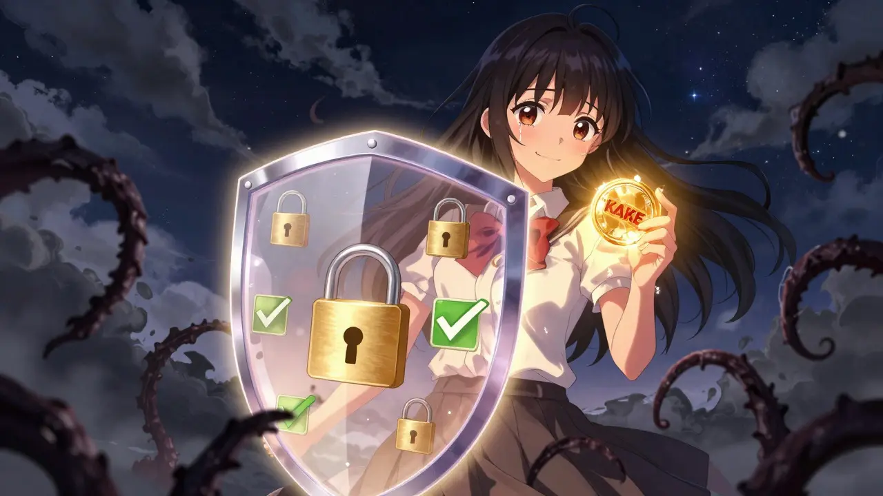 Shoujo heroine holding a glowing token behind a protective shield against shadows