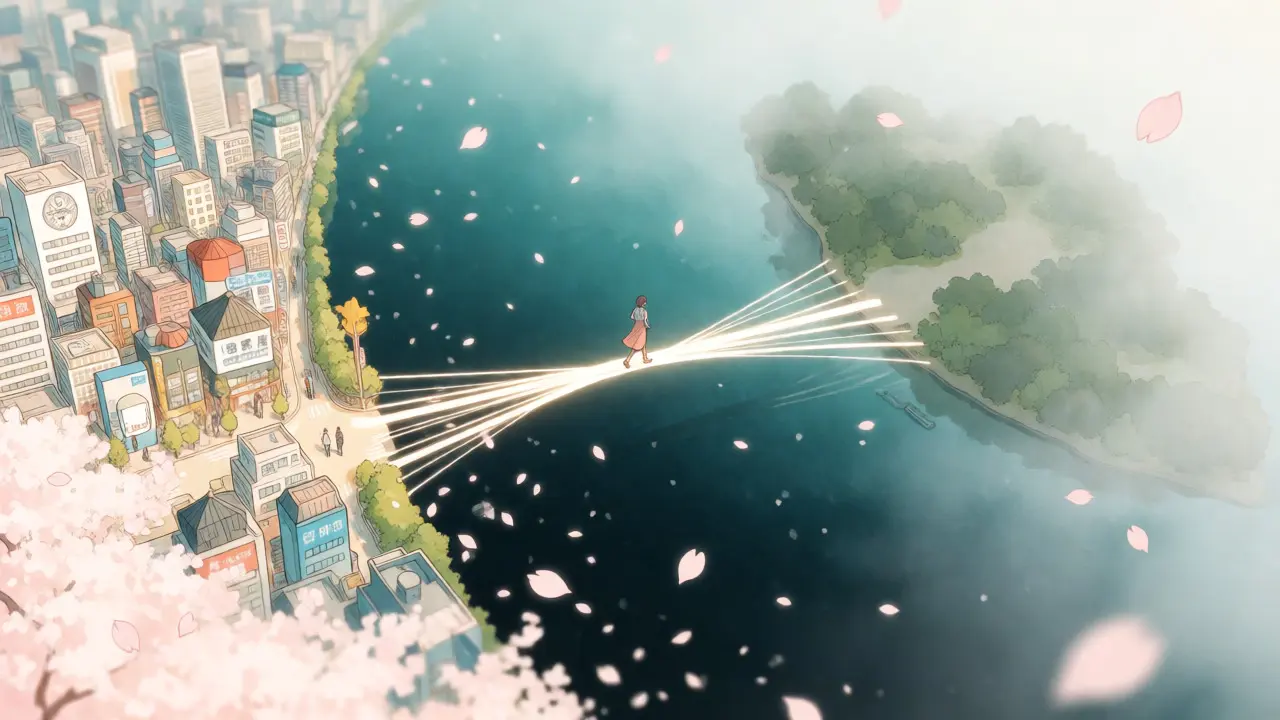 Shoujo manga figure crossing unstable light bridge toward isolated misty crypto island