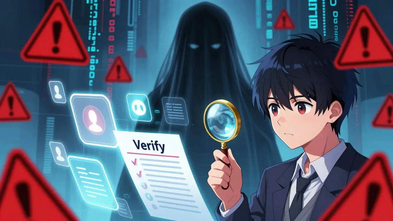 Shoujo style character investigating suspicious crypto project clues