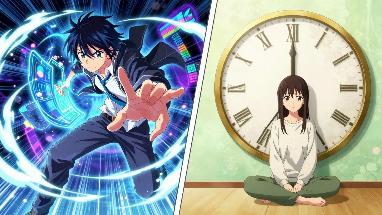 Split screen anime art contrasting chaotic perpetual trading with calm quarterly planning