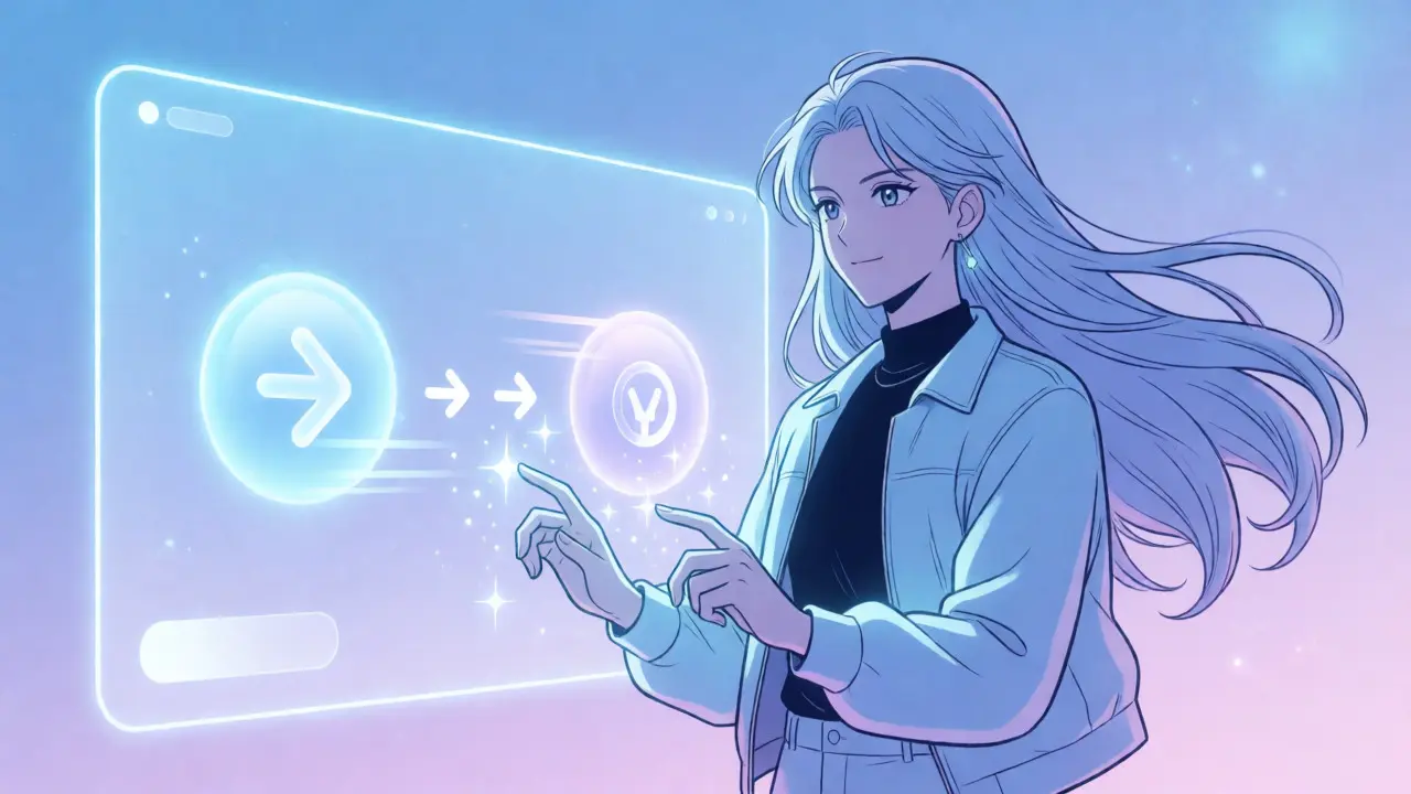 Stylish anime character using a glowing holographic crypto exchange interface