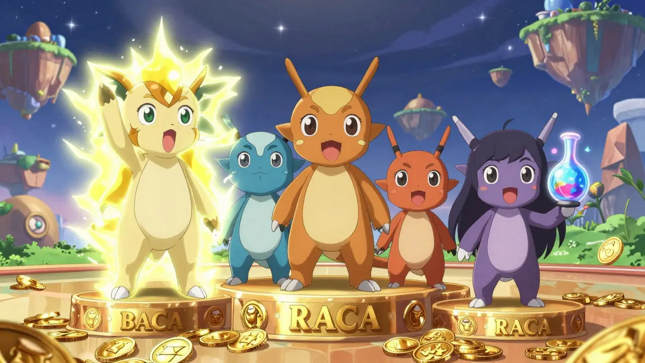Three tiers of Metamon characters celebrating token rewards on stage