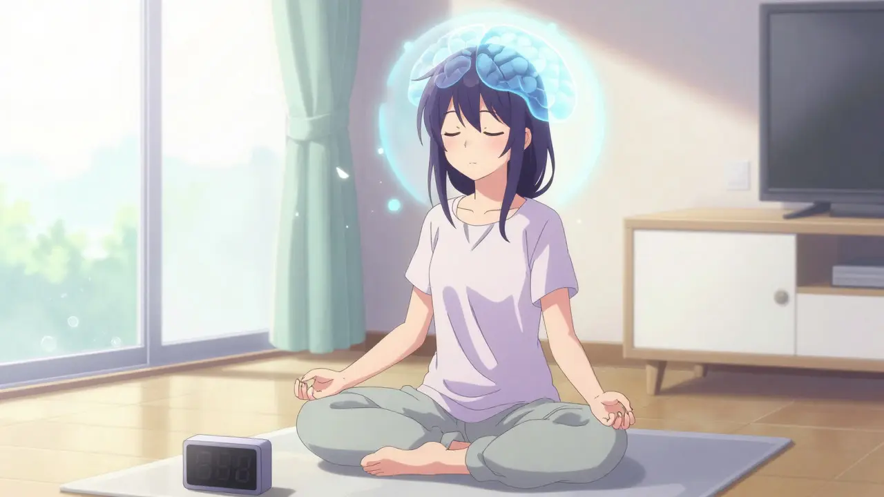 Trader meditating calmly with a glowing aura and floating petals in anime style