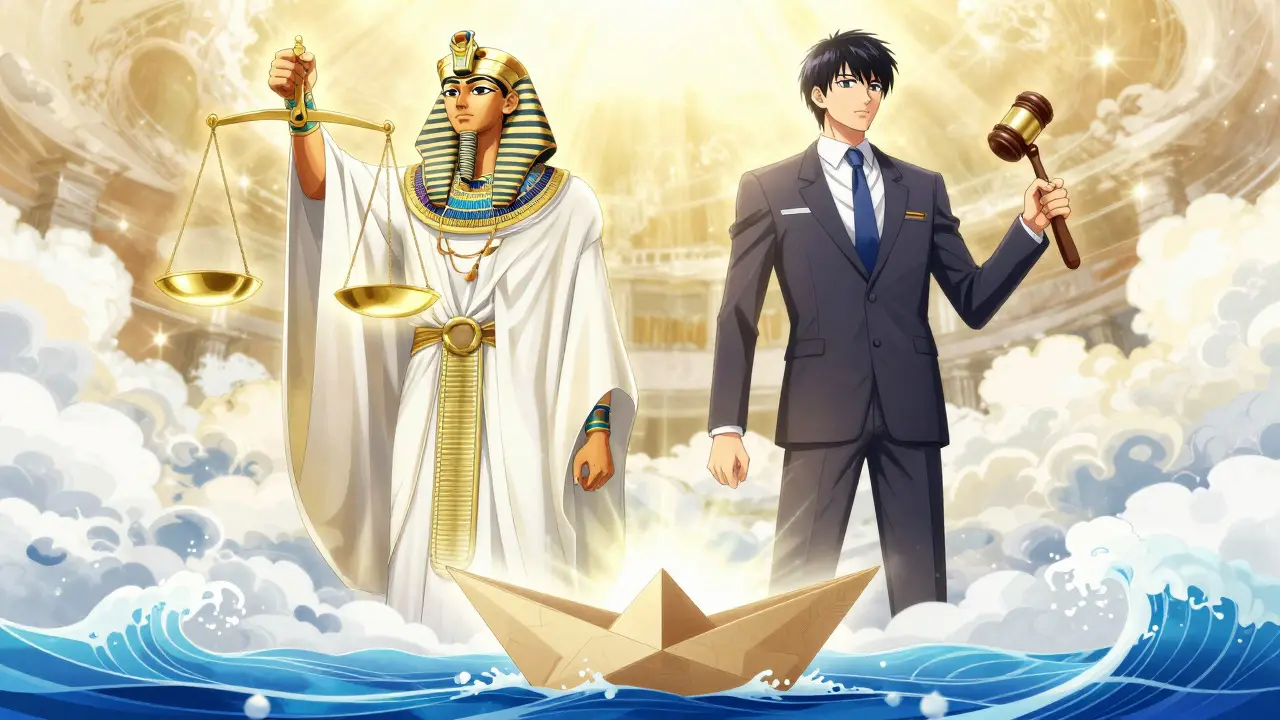 Two authoritative figures looming over a small boat in anime style