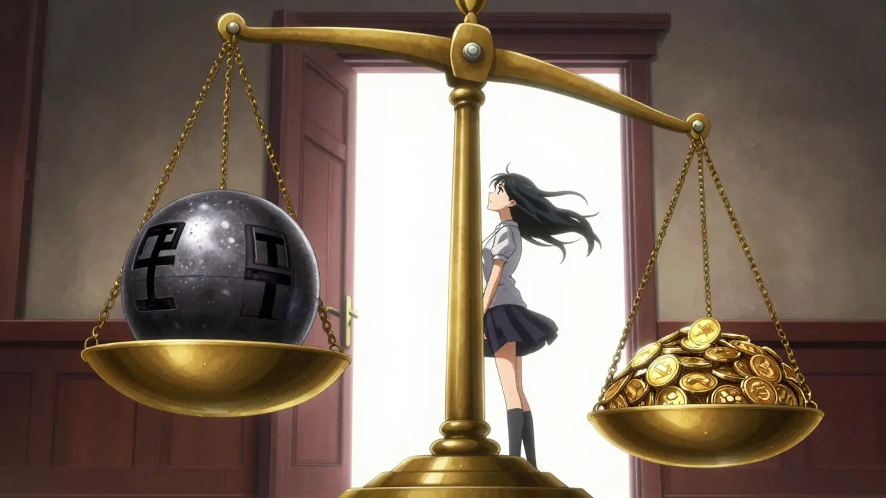 Woman standing before a giant scale of justice weighing prison time against fines, anime style