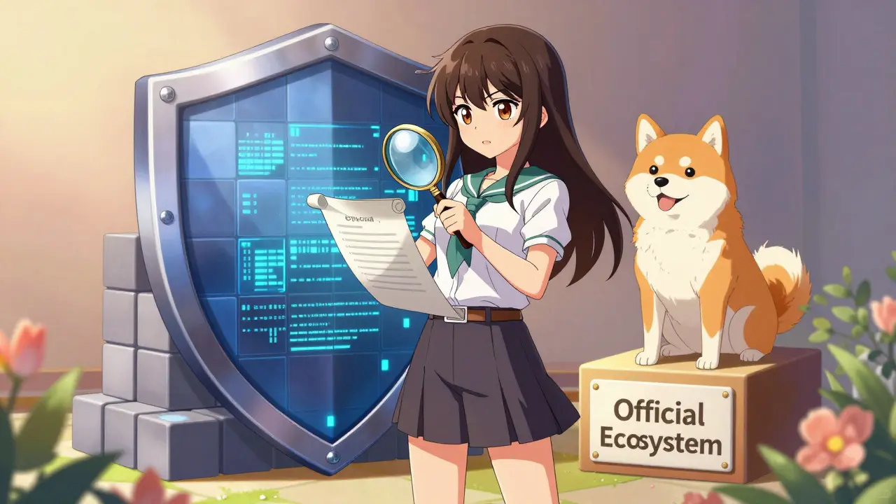 Woman verifying crypto contract with protective shield