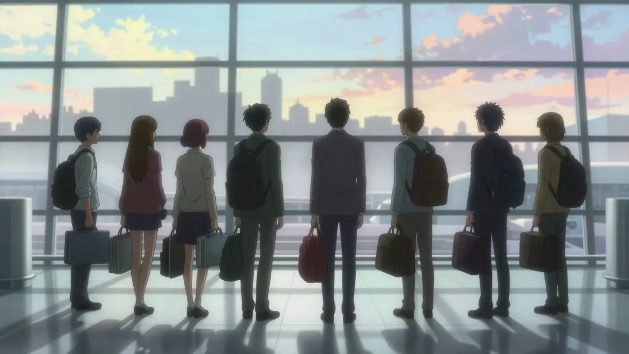 Young professionals looking back from an airport gate as they leave the city, anime style