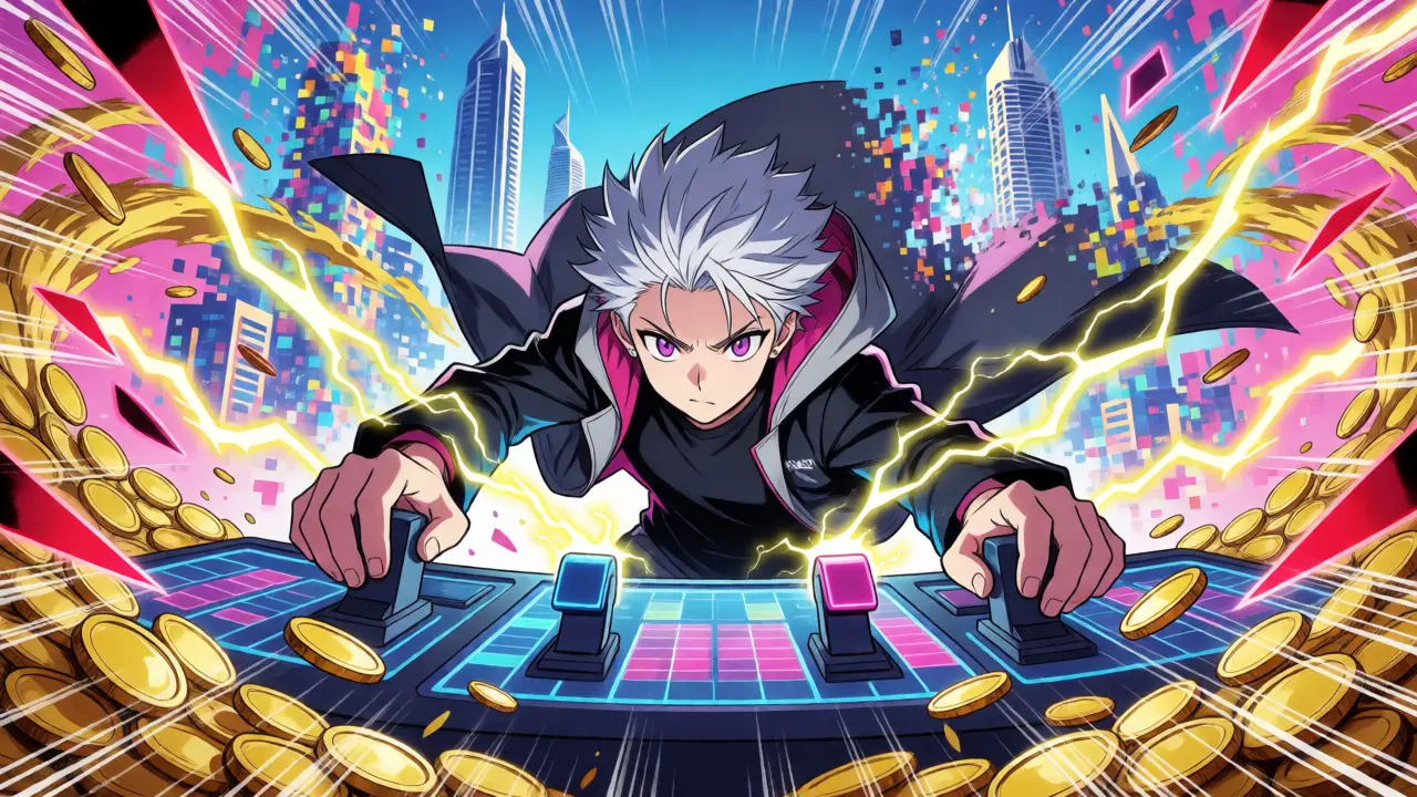 A determined anime character battles a storm of coins and shards while managing high-leverage trades.
