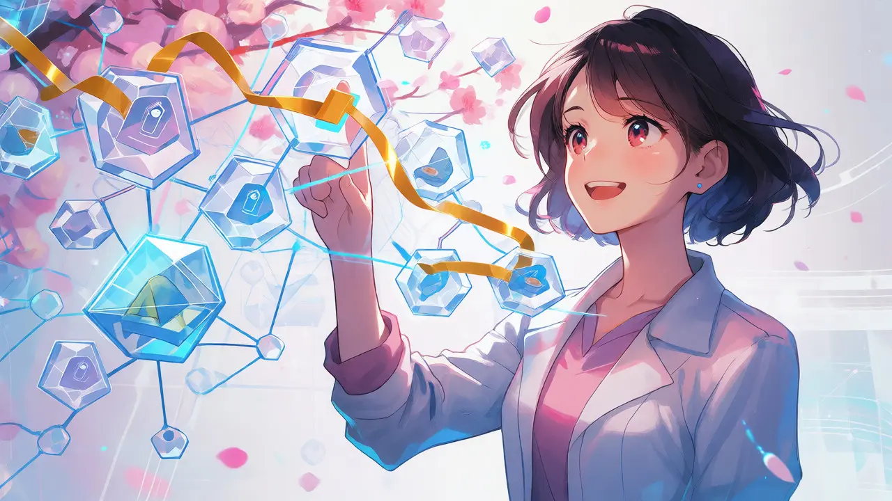 A girl interacting with a glowing blockchain network tracking charitable items.
