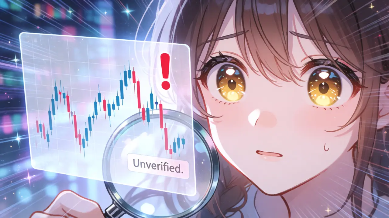 An anxious anime trader stares at a holographic screen displaying an unverified market warning.