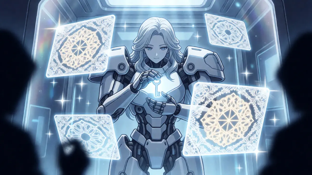 An armored anime guardian protecting a key inside a secure blue-lit chamber.