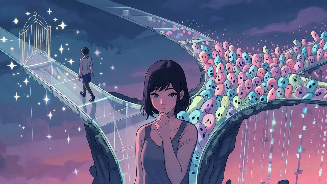Anime character choosing between a neat path and a crowded path in a fantasy landscape.