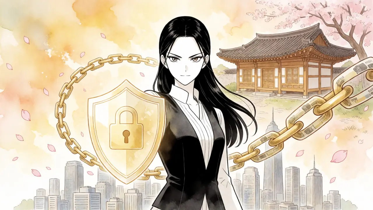 Anime character holding a shield over a stylized Seoul skyline with golden chains