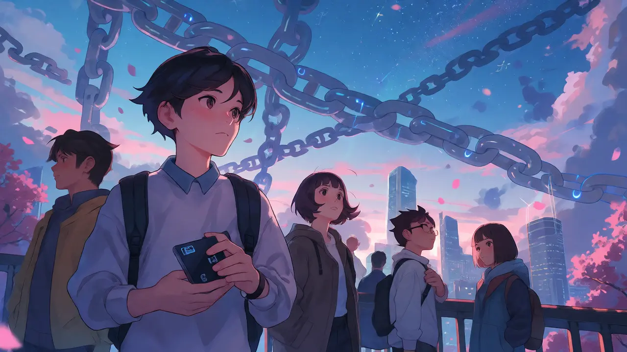 Anime characters on a bridge holding a wallet under a starry sky with drifting cherry blossoms.