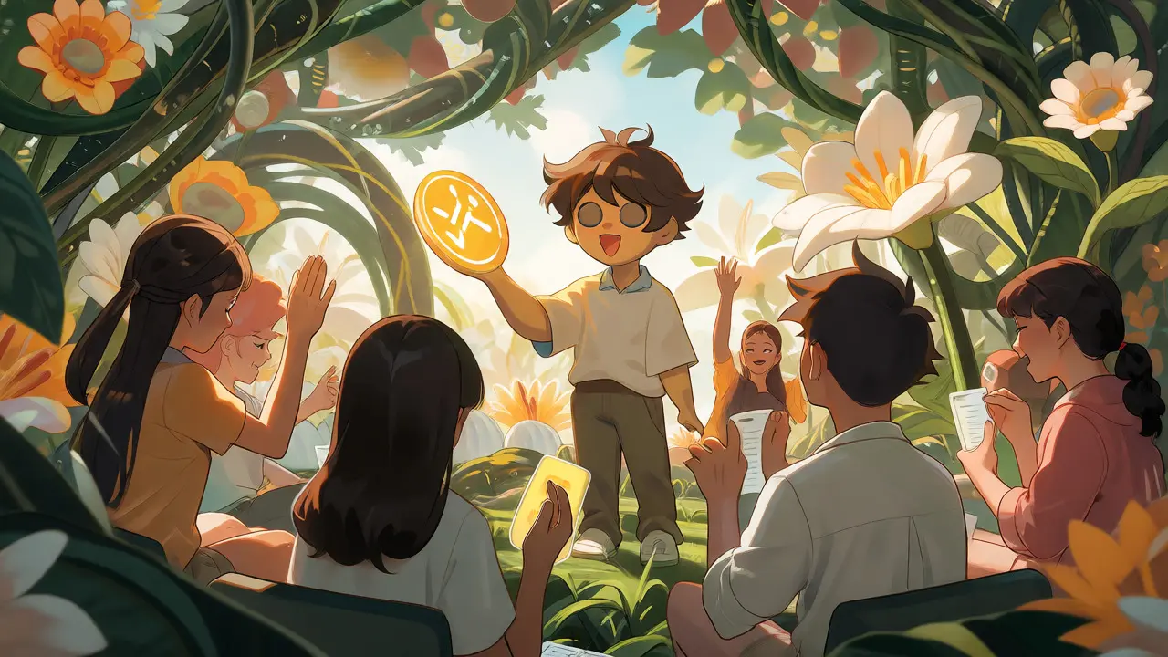 Anime characters voting and receiving tokens in a stylized digital garden setting.