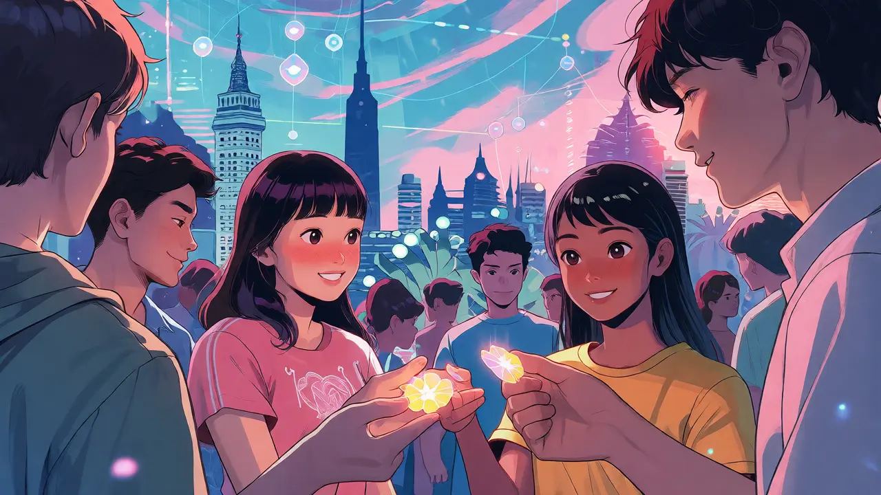 Anime crowd exchanging digital tokens in a warm, pastel-toned community scene