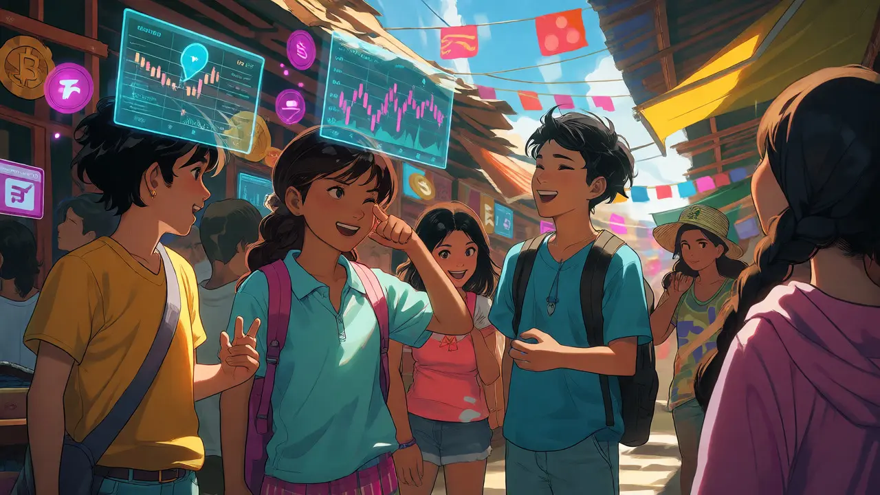 Anime crowd in Santa Cruz interacting with floating crypto graphics