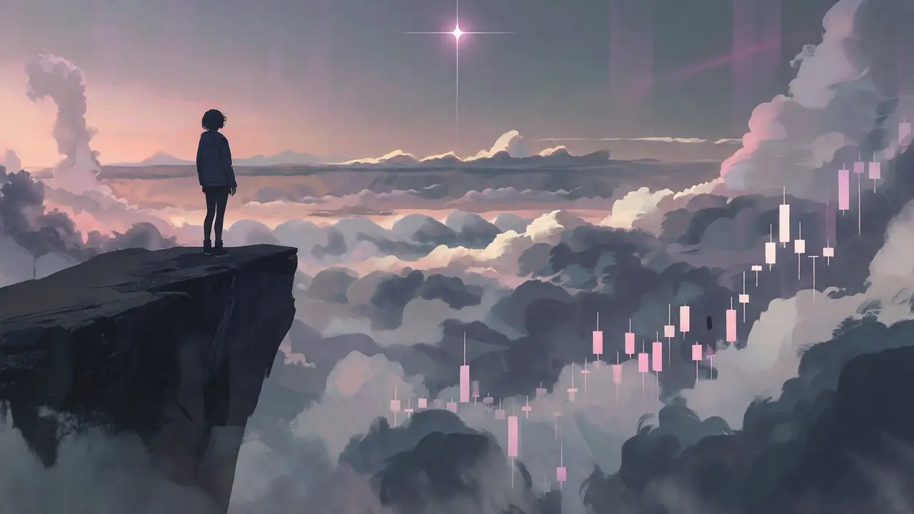 Anime figure gazing at a misty horizon with faint price charts below