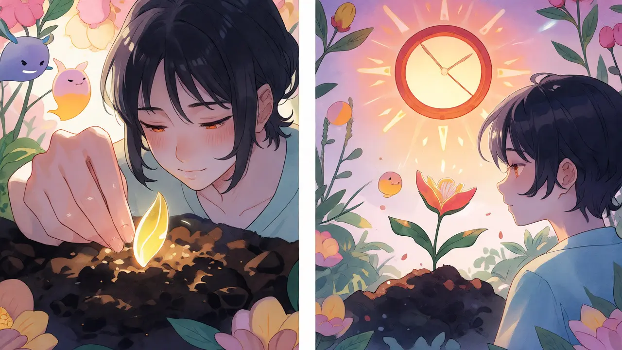 Anime illustration showing seeds blooming slowly to represent token vesting schedules.