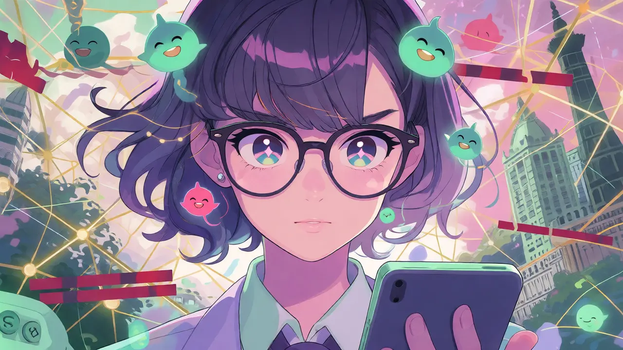 Anime investor analyzing global crypto connectivity with a hopeful expression.