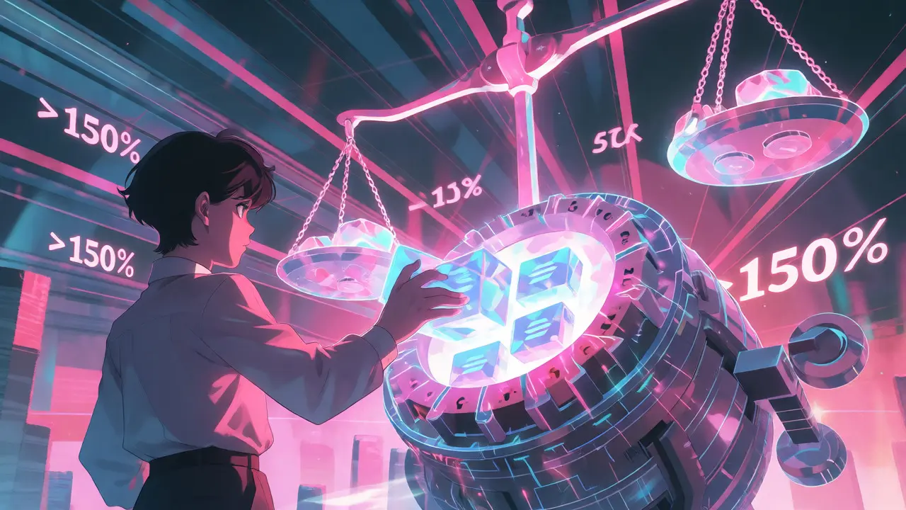 Anime style depiction of depositing glowing crypto collateral into a mechanical vault for over-collateralized borrowing.