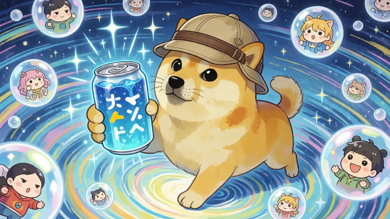 Anthropomorphic Doge explorer holding a glowing Colana drink amidst a time vortex