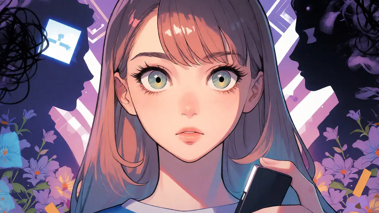 Cautious anime girl guarding a wallet against shadowy scam threats
