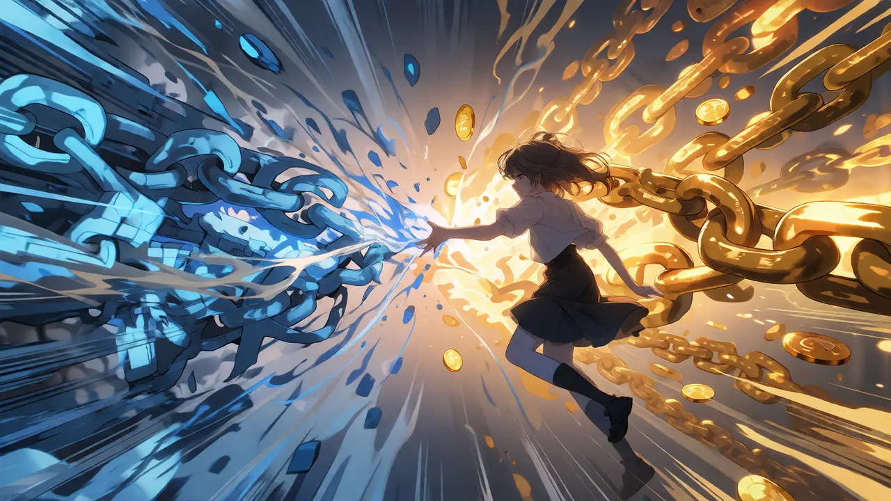 Character bridging two digital worlds, fading blue and rising gold chains