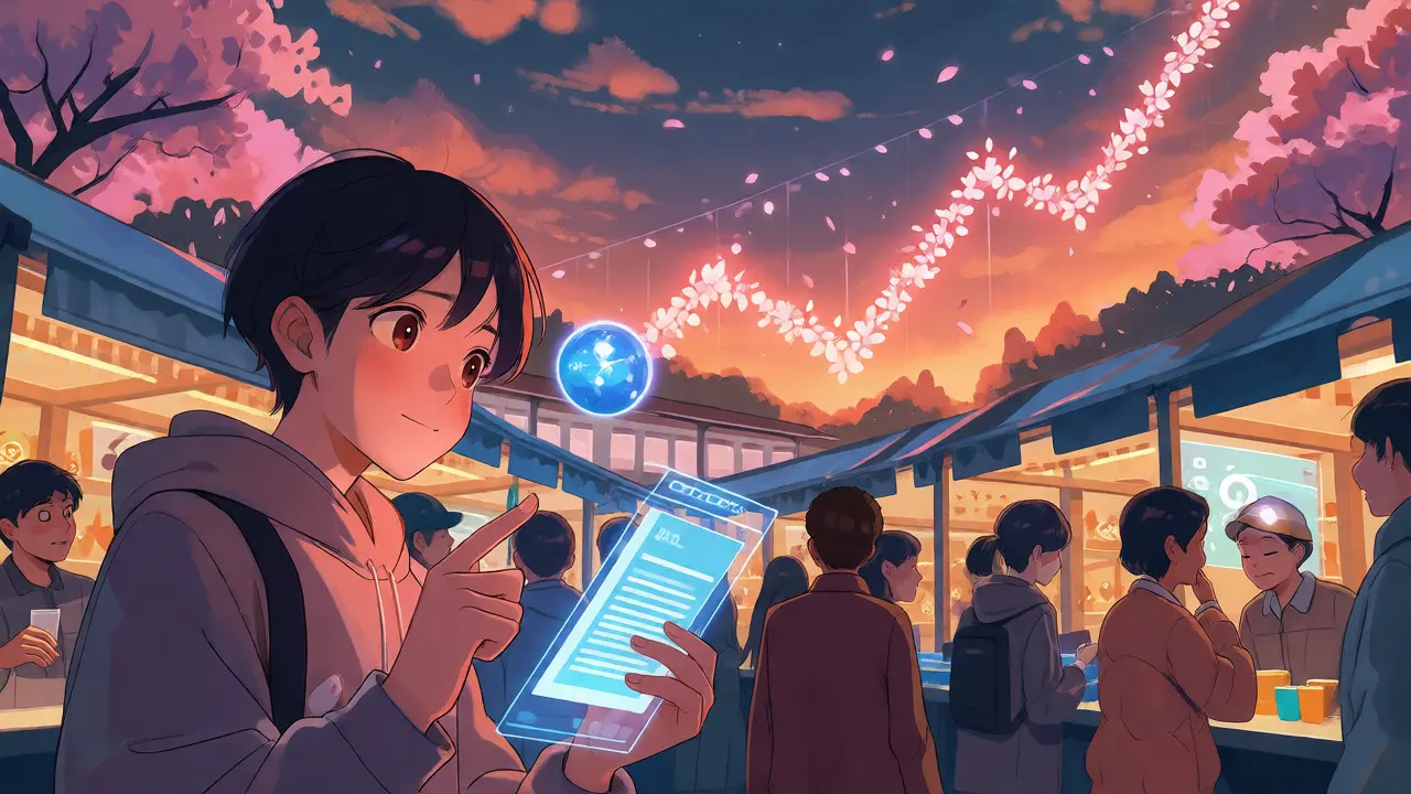 Characters trading tokens in a virtual marketplace with a petal-made trend line.