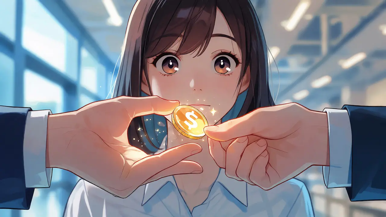 Close up of hands exchanging glowing digital coin in anime style