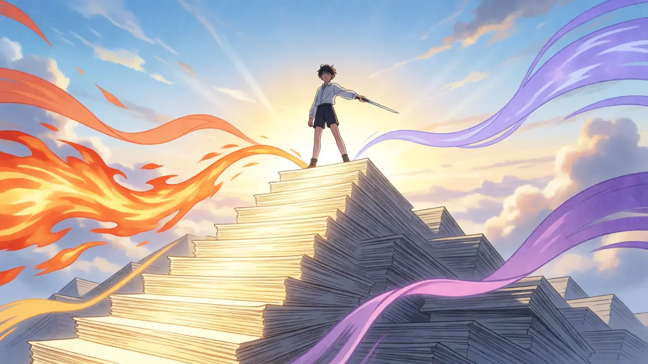 Confident anime character on stairs of ledgers
